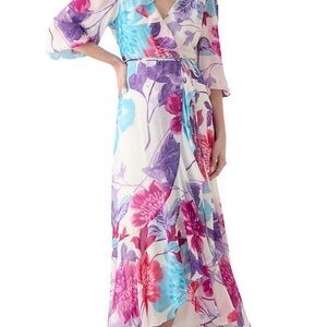 Maison Tara Floral Wrap Maxi Dress in White, Pink, Purple, Blue